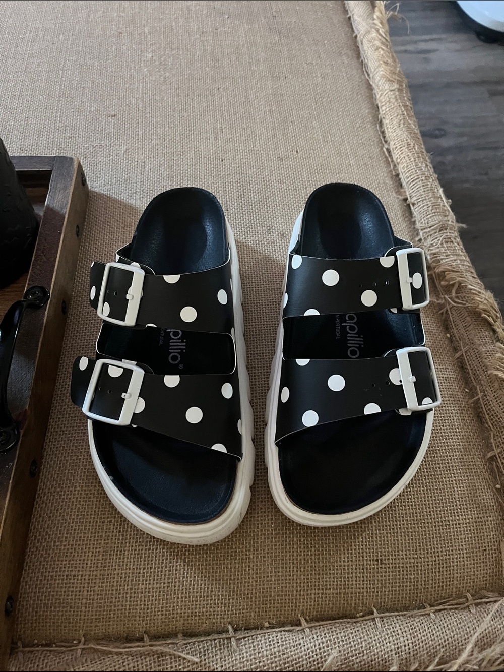 Papillio Black and White Polka Dot Double-Buckle Slide Sandals